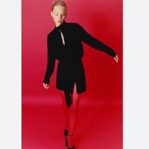 Zara Mini Dress Long Sleeve Buttons Neck Tie Black Y2K Academia Goth Size S